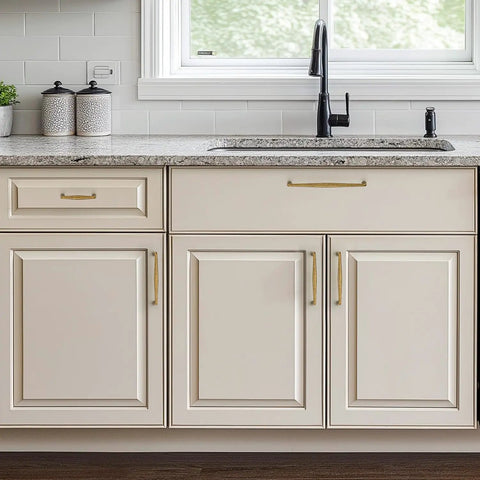 Antique Brass 3 Inch Cabinet Pulls Set, 30 Pack, installed on white kitchen cabinets