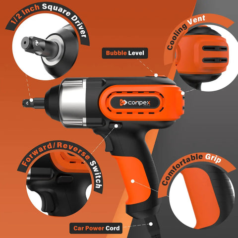 Corded One Half Inch Impact Wrench With Detent Ball Anvil, 320 Ft Lbs Max Torque, 12V Brushless Power Gun, ergonomic design