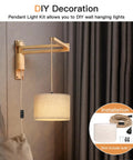 Plug And Play Boho Pendant Light With 16 FT Natural Linen Shade And Integrated On Off Switch Hemp Cord Featuring Slick Rustic Hanging Design For Modern Kitchen Bedroom Vibes, showcasing the lamp installation on a wall.