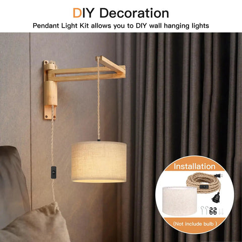 Plug And Play Boho Pendant Light With 16 FT Natural Linen Shade And Integrated On Off Switch Hemp Cord Featuring Slick Rustic Hanging Design For Modern Kitchen Bedroom Vibes, showcasing the lamp installation on a wall.