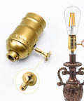 DiCUNO vintage brass metal lamp switch knobs, 4-pack, for universal light socket; side view with installed lamp