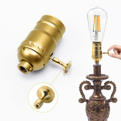 DiCUNO vintage brass metal lamp switch knobs, 4-pack, for universal light socket; side view with installed lamp