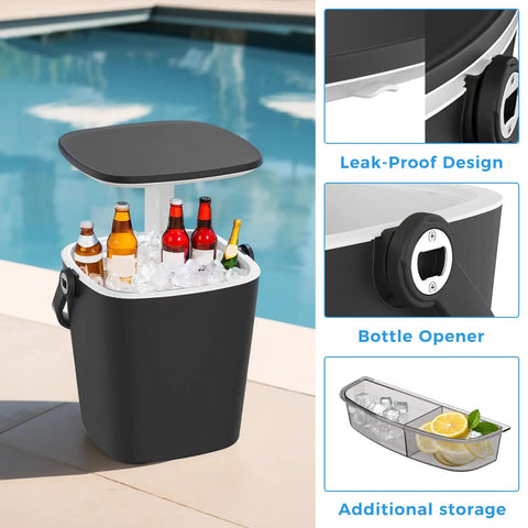 3-In-1 Resin Ice Bucket And Beverage Cooler Table For Outdoors With Lift Top Lid Wood-Look Side Table UV Protected And Drain Plug Party-Ready Poolside Patio Bar Entertaining Dark Black with drinks inside and lid open by a pool.