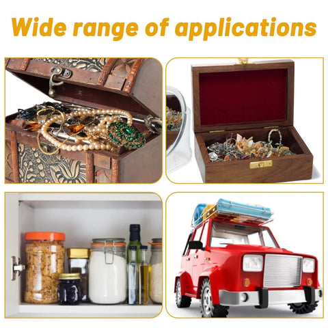 30 Pcs Brass Barrel Hidden Hinges For DIY Jewelry Boxes And Small Cabinets shown in various applications