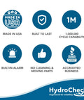 Icons for Made in USA, Built to Last, 1 Million Cycle, Built-in Alarm, No Cleaning Parts, Accredited Business from HydroCheck