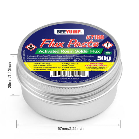 Tin of Rosin Solder Flux Paste For SMD BGA LED PCB IC CPU Electronic Repair And Soldering, 50g, labeled with product details