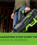 Person holding 80V Cordless Leaf Blower With Brushless Motor, 700 CFM At 170 MPH Turbo in a workshop setting.