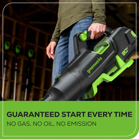 Person holding 80V Cordless Leaf Blower With Brushless Motor, 700 CFM At 170 MPH Turbo in a workshop setting.
