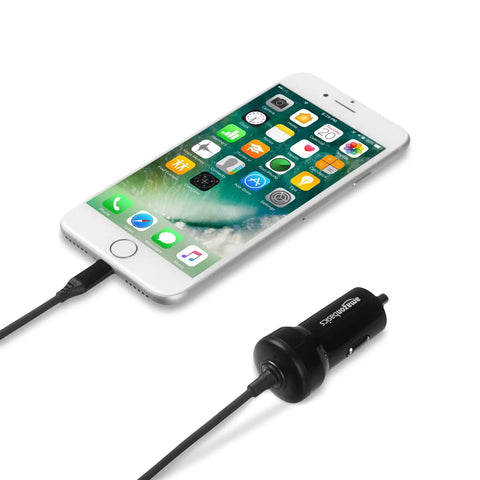 iPhone connected to 12W Fast Car Charger With Coiled Lightning Cable For iPhone iPad And Other Apple Devices MFi Certified On The Go Power 5V 2.4A Quick Charge 1.5 Ft Cable Black