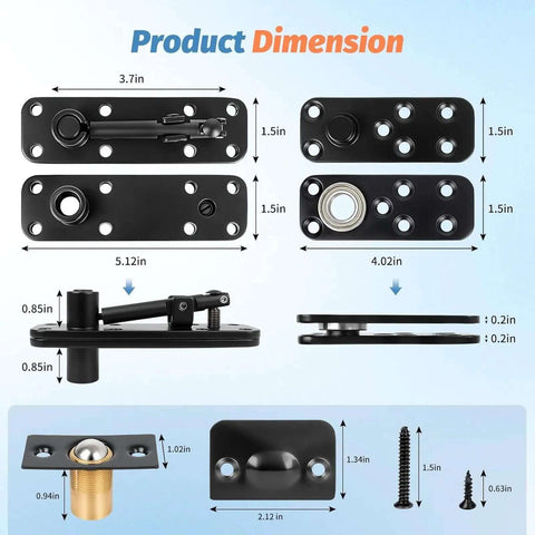 Dimensions and parts of Concealed Pivot Hinge For Secret Doors And Bookcases, 570 Lb Load Capacity, 360 Degree Silent Rotation, Heavy Duty Hardware