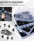 620 Piece Car Retainer Clips Kit With 16 Sizes Plastic Fasteners And Push Pin Rivets, storage case, and usage examples