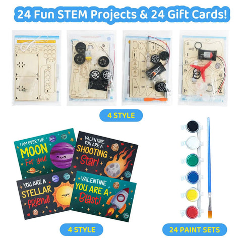 Valentines Day Gift For Kids 24 Pack DIY Science Craft Kits With Valentines Cards STEM Projects Educational Toys visible with components and paint set.