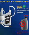 Heavy Duty Fluid Transfer Pump For 28 MM Quart Bottles With Flex Hose and Dual Tubes displayed next to quart bottles confirming size.