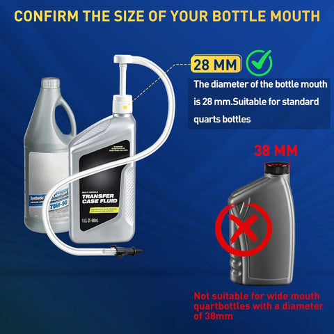 Heavy Duty Fluid Transfer Pump For 28 MM Quart Bottles With Flex Hose and Dual Tubes displayed next to quart bottles confirming size.