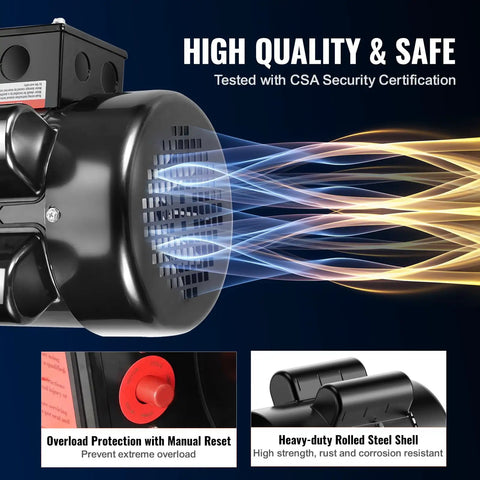Beefy 2HP Single Phase Electric Motor with CSA certification label and safety features for air compressors and machinery