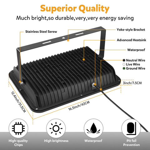 Back view of 300W LED Stadium Flood Light Outdoor 2050W Equivalent 43500LM with yoke bracket and wiring details