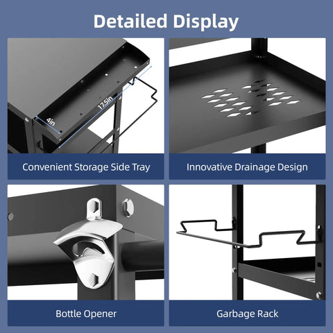 Features of Outdoor Grill Cart And Prep Table For Patio 31.5 By 17.7 Inch Rolling BBQ Station, showcasing side tray, drainage, bottle opener, and trash holder.