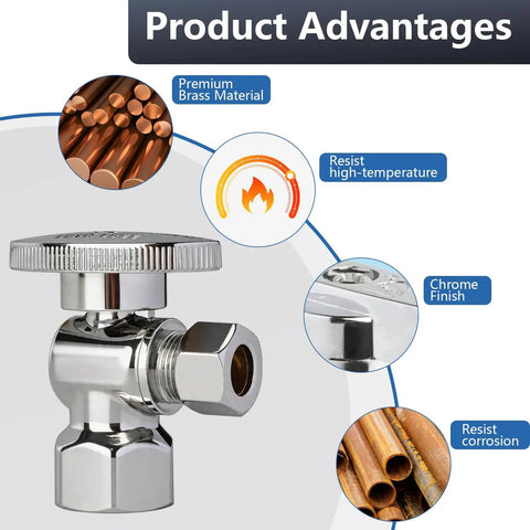 Angle Stop Valve One Half Inch FNPT To Three Eighths Inch Compression Easy Install Quarter Turn Chrome Plated Brass highlights