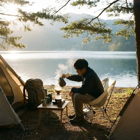 Person sitting in Capy OG Low Back Camping Chair with Tri Lock Stability beside tent and gear, lakeside view in background.