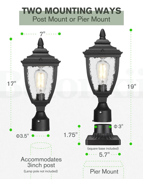 Outdoor Post Lights Dusk To Dawn Exterior Lamp Post Light Fixture With Pier Mount Base Black Cast Aluminum Water Glass Lantern Style For Pillars Posts Fence Yard Curb Appeal with dimensions and mounting options.