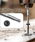 3 Inch Deck Screws 50 Count Beefed Up Heavy Duty Structural Wood Screws in use with T30 Star Drive Bit on wood surface