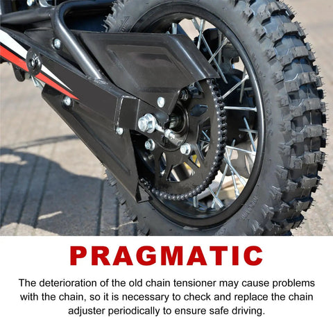 Two Pack Heavy Duty Motorcycle Chain Tensioner And Chain Axle Adjuster Replacement Parts 95014-10010 shown on a dirt bike