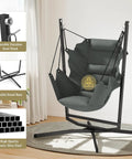 360 Degree Swivel Hammock Swing Chair With Stand Cushioned Hanging Chair For Indoor And Outdoor Use Holds Up To 400 Lbs Cozy For Bedroom Patio Porch Deck Garden Balcony shown in grey with steel stand in living room environment.