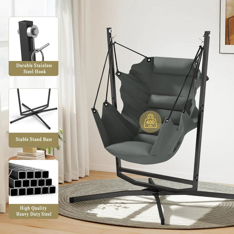360 Degree Swivel Hammock Swing Chair With Stand Cushioned Hanging Chair For Indoor And Outdoor Use Holds Up To 400 Lbs Cozy For Bedroom Patio Porch Deck Garden Balcony shown in grey with steel stand in living room environment.