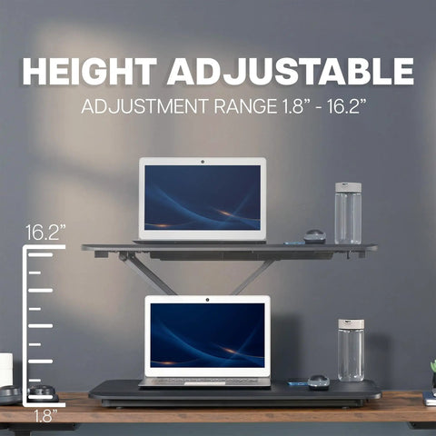 Budget Friendly 29 Inch Height Adjustable Standing Desk Converter for sit stand workstation with laptops, showing elevation at 16.2 inches.