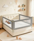 Baby sleeping with 3 Piece California King Bed Rail Guard for Toddlers and Babies Height Adjustable Bed Safety Rails with Headboard Rod in Gray