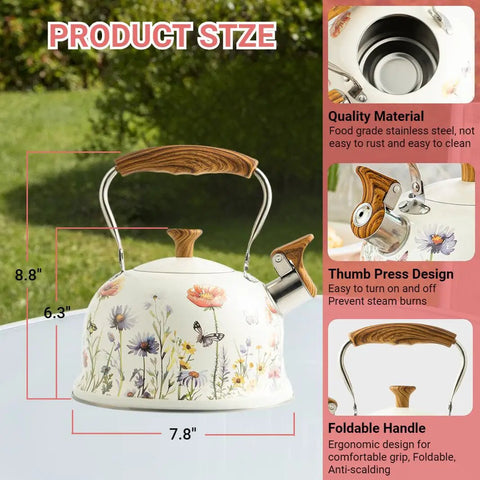 Stovetop Whistling Tea Kettle Two Point Seven Quart Floral Pattern Stainless Steel Tea Pot With Wood Pattern Handle