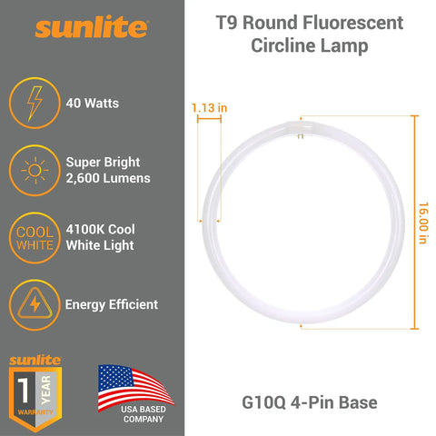 Diagram of Circline Fluorescent Lamp 40W T9 Round 2600 Lumens 4100K Cool White G10Q 4 Pin Base with dimensions and features