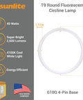 Diagram showing T9 Round Fluorescent Circline Lamp 40W 2600 Lumens 4100K Cool White G10Q 4 Pin Base RoHS Compliant features.