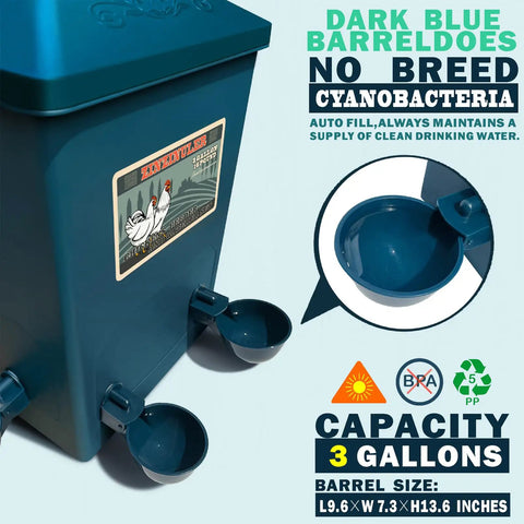 Automatic Chicken Feeder And Cup Waterer Set For Backyard Flocks No Waste Poultry Design, dark blue, 3-gallon capacity, auto-fill waterer.