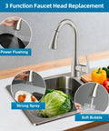 Universal Kitchen Faucet Replacement Sprayer Head With 14 Adapters No Sweat Setup Brushed Nickel in use, showcasing three spray modes for kitchen tasks.