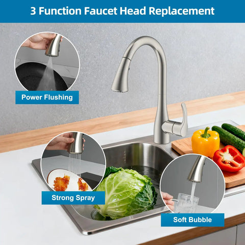 Universal Kitchen Faucet Replacement Sprayer Head With 14 Adapters No Sweat Setup Brushed Nickel in use, showcasing three spray modes for kitchen tasks.