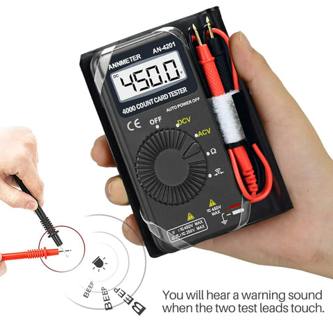 Pocket Handy Digital Multimeter For DIYers Auto Ranging Volt Ohm Meter with leads and hand holding in use mode