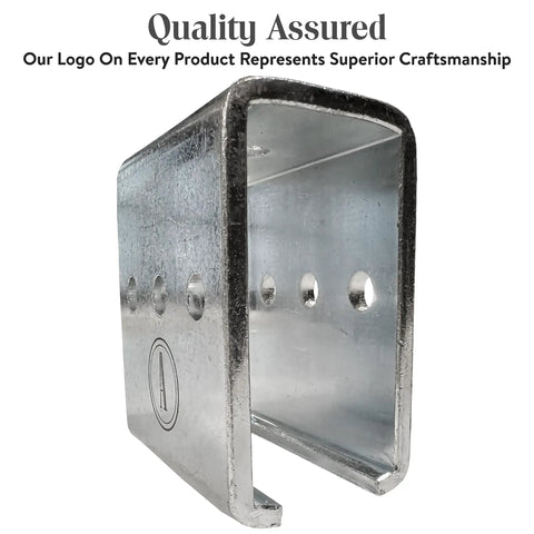 Beefy Beam Channel Trolley Track Hanger And Joiner Connector Bracket for 1-5/8 Inch Strut Channel, zinc plated steel, close-up view.