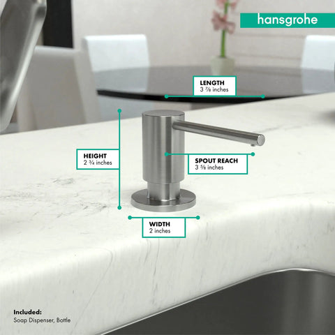 Soap Dispenser For Bath And Kitchen Sink Focus 3-Inch Steel Optic Finish 16 Oz Capacity Above-Counter Mounted Pump on counter