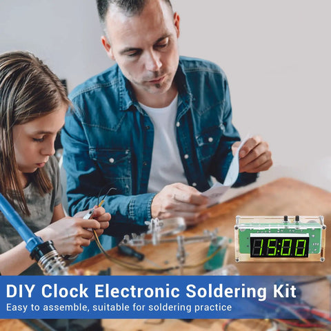 Parent and child assembling 4-Digit DIY Digital Clock Kit With Acrylic Shell, Adjustable Brightness LED Display for learning.