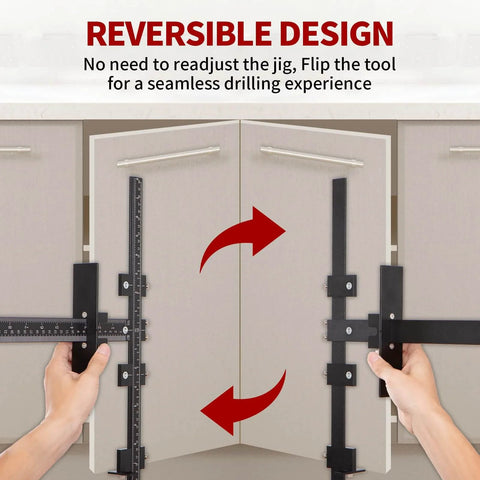 All Aluminum Cabinet Hardware Jig Kit For Precision Pro Grade Fast Installations With Durable Metal Clamps shown in use on cabinet doors