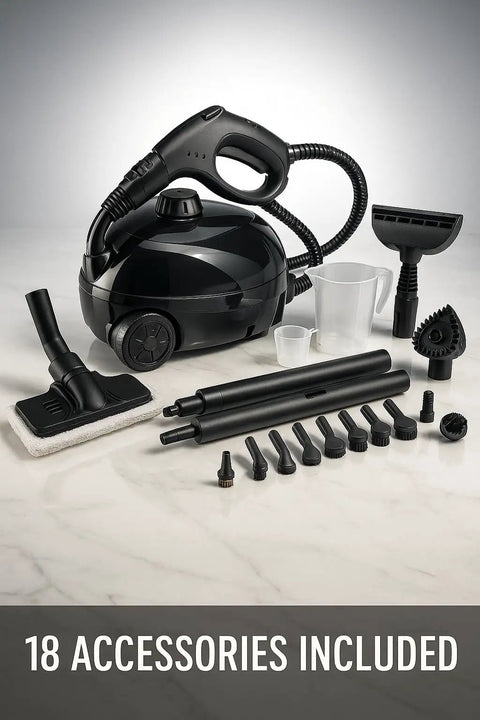 Heavy Duty Steam Cleaner Kit Packing One Thousand Fifty Watts Of Scalding Vapor For Forty Five Minutes Of No Sweat Scrubbing with 18 accessories.