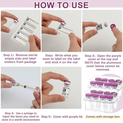 Instructions for using 20 Pack 3Ml Sealed Sterile Empty Vials With Self Healing Injection Port Glass Penicillin Bottle And 20 Purple Label Stickers