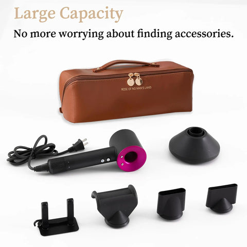 Brown Travel Hair Tool Case For Dyson Airwrap and Shark FlexStyle, shown with styling tools and attachments.