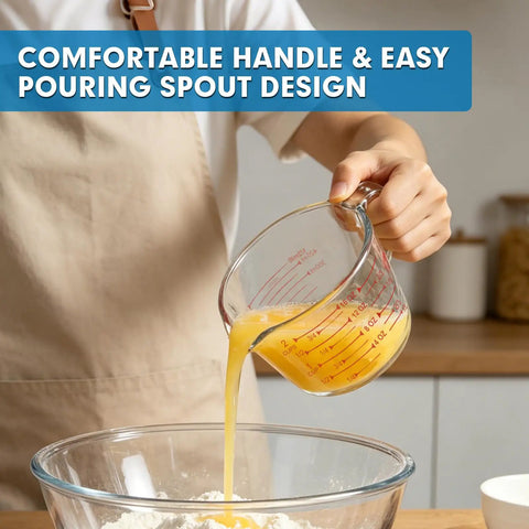 Person pouring liquid into bowl using Must Have Glass Measuring Cups Set With Lids, 4 Piece Borosilicate Kitchen Measuring Cups In 5 Oz, 1 Cup, 2 Cup, And 4 Cup Sizes, Microwave Freezer And Oven Safe, Durable Clear Glass For Baking Cooking And Mixing.