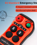 Front view of a red wireless overhead crane remote control with green start button and black circular buttons.