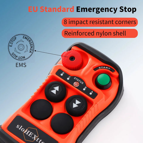 Front view of a red wireless overhead crane remote control with green start button and black circular buttons.