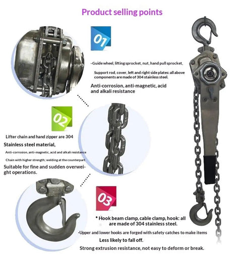 Rock Solid Manual Lever Chain Hoist Crafted From Stainless Steel 304 With Rust Resistant Shield For Hardcore Warehouse And Workshop Rigging Tasks At 0.75 Ton Capacity Over Three Meters - close-up of components and features.
