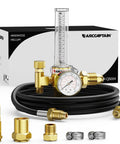 Front view of ARCCAPTAIN brass gas regulator with 8.2 ft inert welding hose, gauge, and fittings.