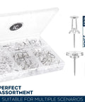 150 Pack Clear Push Pins Holding Papers Secure On Cork Boards Bulletin Walls And Shadow Boxes Includes Rust Proof Thumbtacks In A Snappy Caddy with assorted sizes.